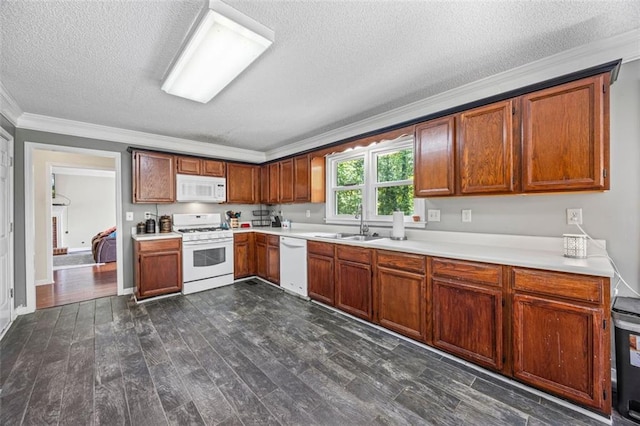 2196 Kildare Way NW, Kennesaw, GA 30152 - kitchen featuring white appliances, ornamental molding, a textured ceiling, dark wood-style floors, and light countertops