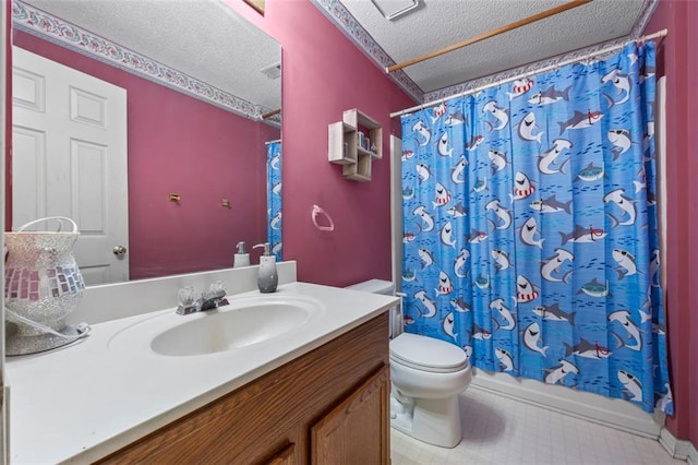 2196 Kildare Way NW, Kennesaw, GA 30152 - full bath featuring toilet, vanity, a textured ceiling, and shower / bathtub combination with curtain