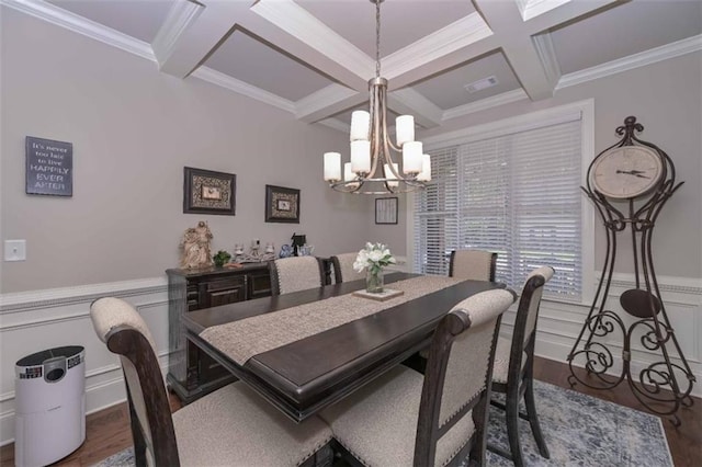 295 Hanover Dr, Villa Rica, GA 30180 - dining room with coffered ceiling, wood finished floors, a chandelier, beam ceiling, and ornamental molding