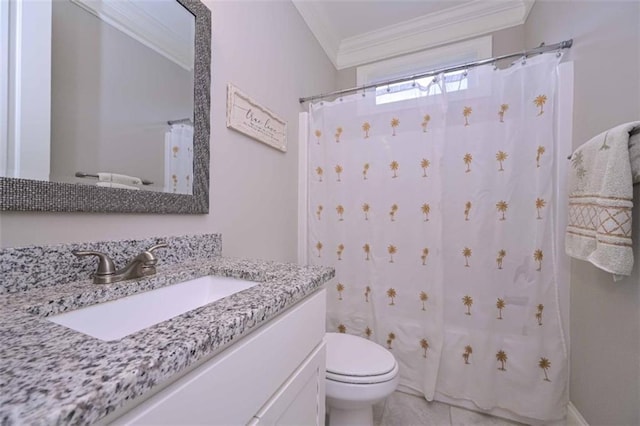 295 Hanover Dr, Villa Rica, GA 30180 - bathroom with ornamental molding, toilet, vanity, and curtained shower
