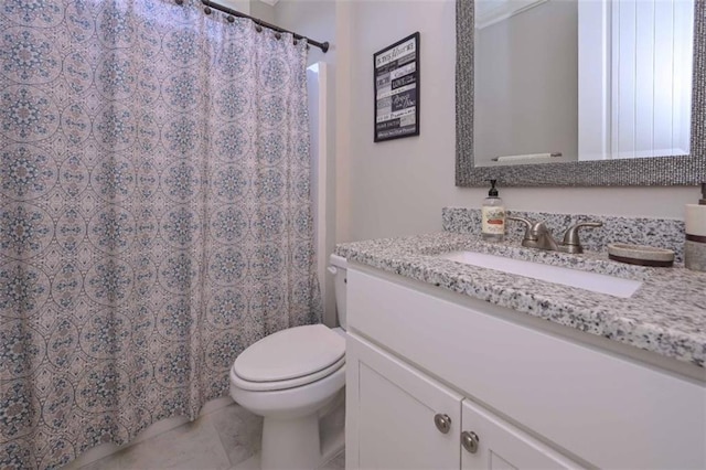 295 Hanover Dr, Villa Rica, GA 30180 - full bath featuring toilet, vanity, tile patterned flooring, and a shower with shower curtain