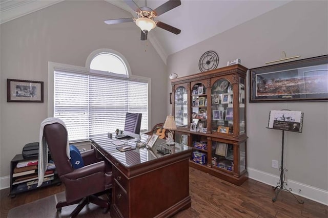 295 Hanover Dr, Villa Rica, GA 30180 - office area featuring ceiling fan, vaulted ceiling, wood finished floors, and baseboards