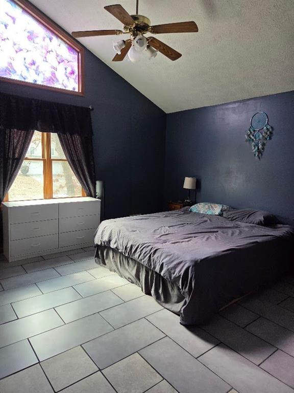 bedroom with a ceiling fan, lofted ceiling, and a textured ceiling