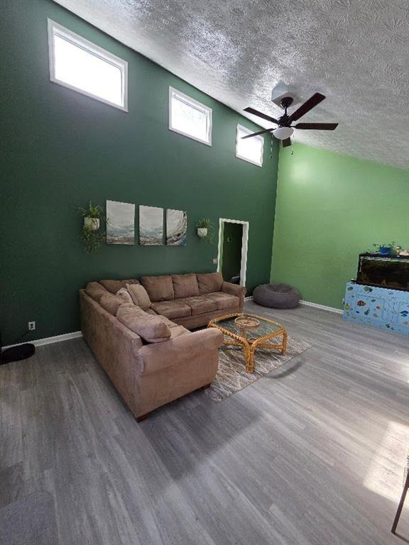 living area featuring a textured ceiling, baseboards, and wood finished floors