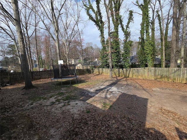 view of yard featuring a trampoline and a fenced backyard