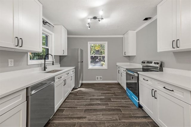 kitchen featuring wood finish floors, white cabinets, visible vents, a sink, and stainless steel appliances