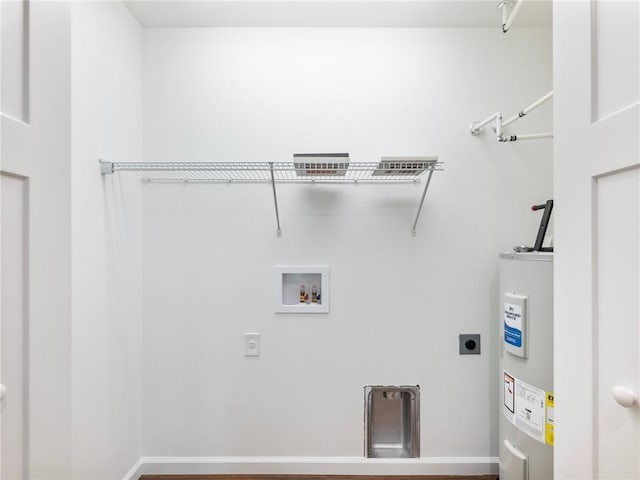 laundry room with hookup for a washing machine, laundry area, baseboards, water heater, and electric dryer hookup