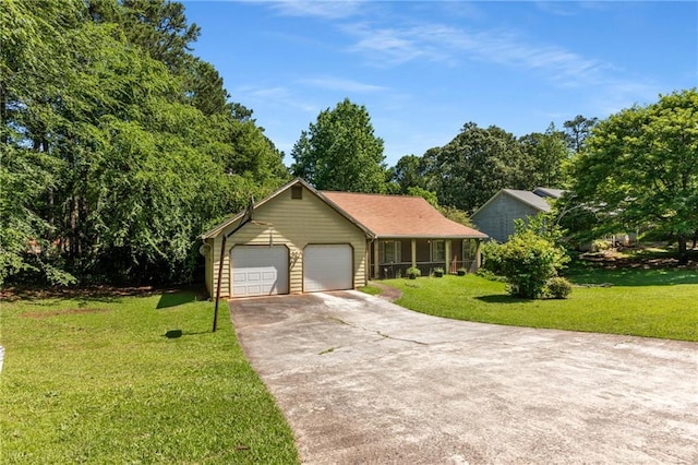 2617 Laurel Woods Ln SE, Conyers, GA 30094 - single story home featuring a front yard, an attached garage, concrete driveway, and view of scattered trees