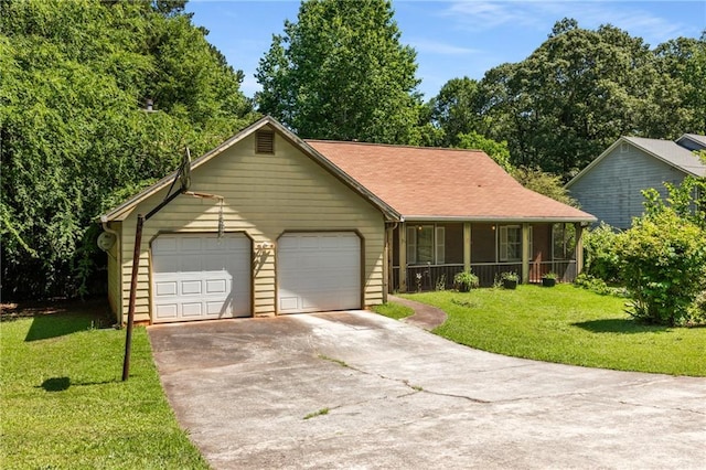 2617 Laurel Woods Ln SE, Conyers, GA 30094 - view of front of house with concrete driveway, a garage, a front yard, and a porch