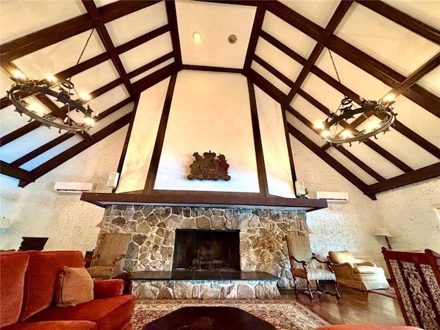 6851 Roswell Rd Unit D33, Atlanta, GA 30328 - living area featuring a fireplace, wood finished floors, high vaulted ceiling, and a wall unit AC