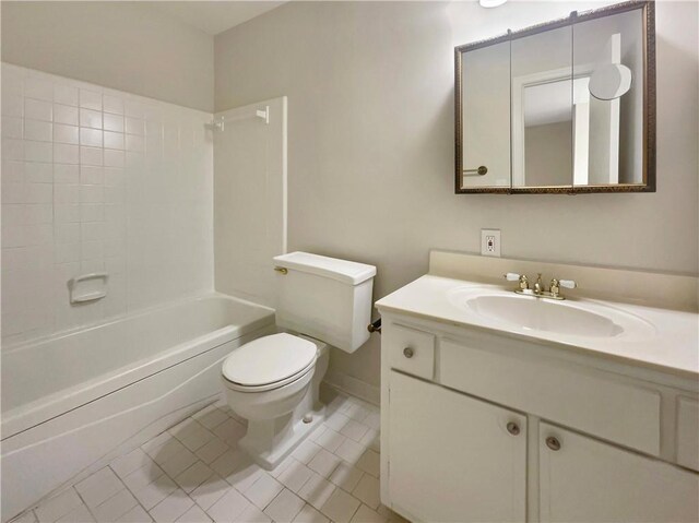 full bathroom featuring shower / bathtub combination, vanity, toilet, and tile patterned flooring