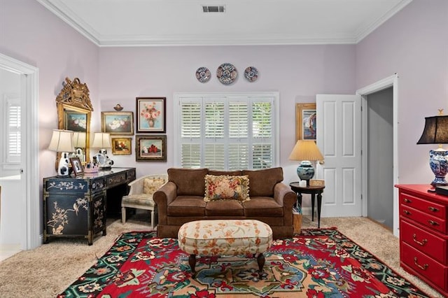 carpeted living room with ornamental molding