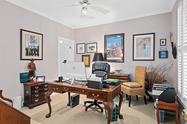 office area featuring light carpet, crown molding, and ceiling fan