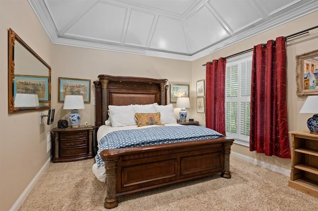 carpeted bedroom featuring crown molding and coffered ceiling