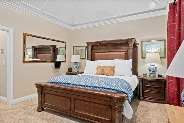 bedroom with light colored carpet and ornamental molding