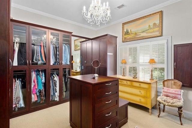 walk in closet featuring light colored carpet and a notable chandelier