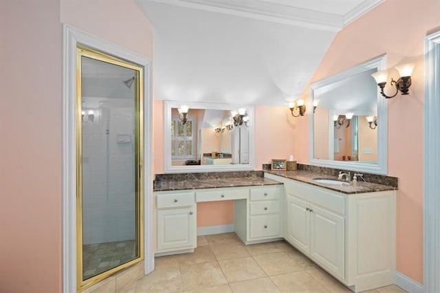 bathroom with walk in shower, tile patterned flooring, vanity, and ornamental molding