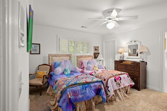 bedroom featuring light carpet, ceiling fan, and ornamental molding