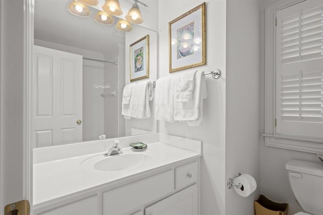 bathroom with vanity, toilet, and a shower