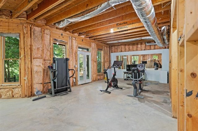 workout area featuring french doors