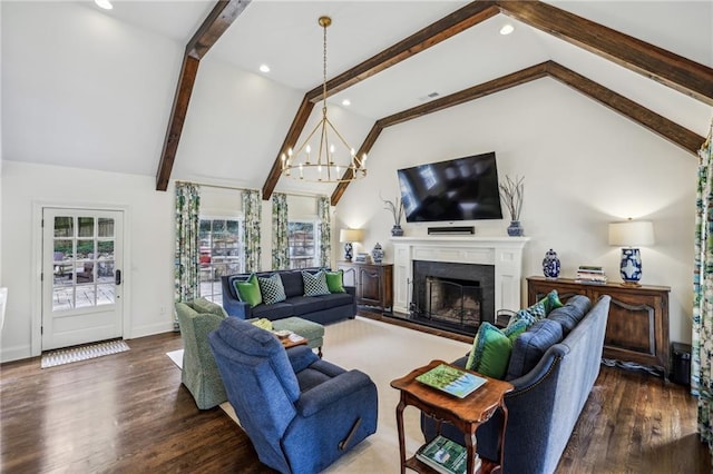 living area featuring a fireplace, a chandelier, beam ceiling, and wood finished floors