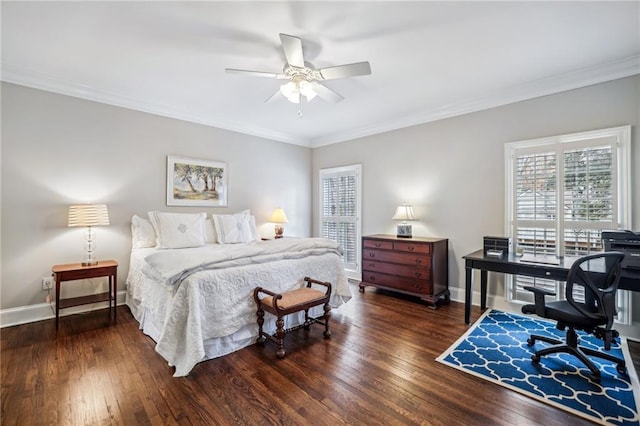 bedroom featuring a ceiling fan, baseboards, hardwood / wood-style floors, and ornamental molding