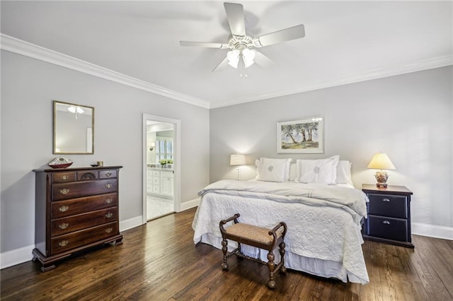 bedroom featuring a ceiling fan, baseboards, ornamental molding, and wood finished floors