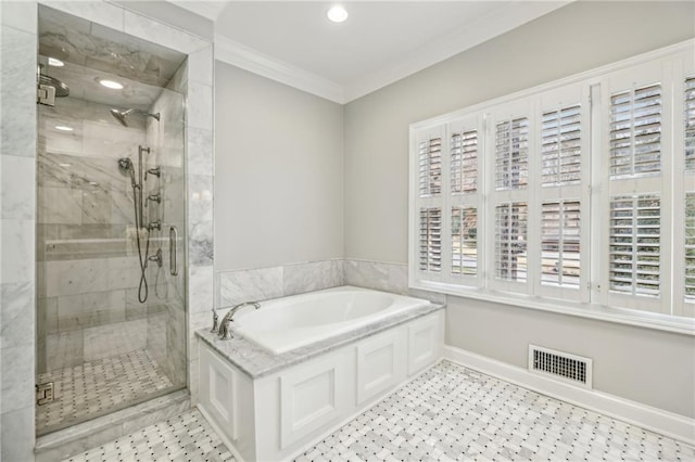 bathroom with a stall shower, visible vents, ornamental molding, tile patterned flooring, and a bath