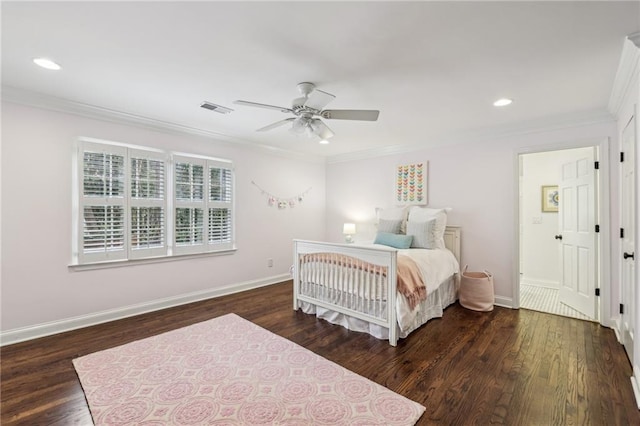 bedroom with recessed lighting, wood finished floors, visible vents, baseboards, and ornamental molding