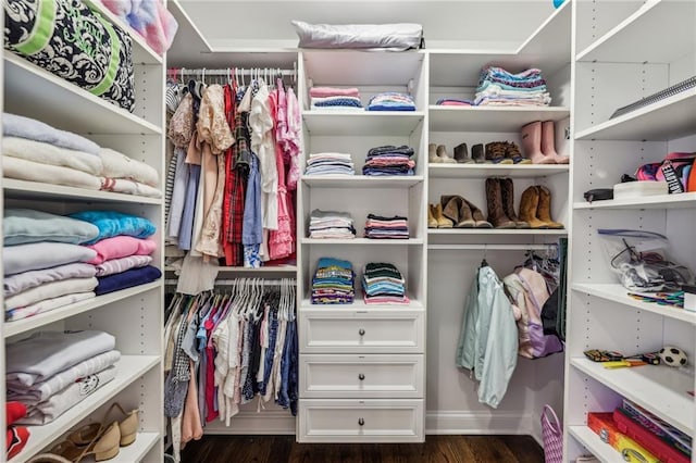 walk in closet with dark wood-type flooring