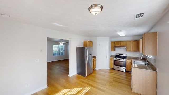 364 Springhaven Way, Lawrenceville, GA 30046 - kitchen with appliances with stainless steel finishes, light wood-type flooring, a ceiling fan, and under cabinet range hood