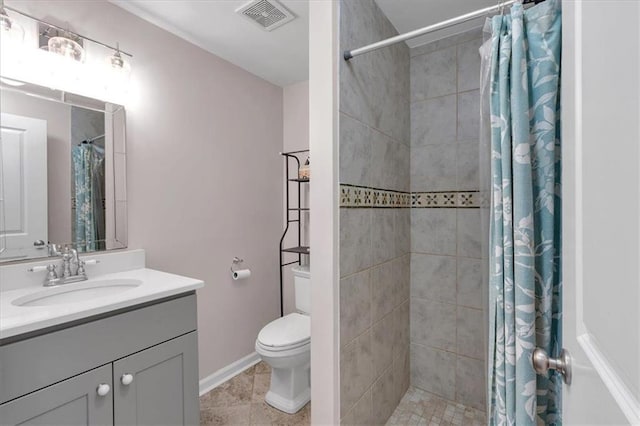 full bathroom featuring vanity, visible vents, tiled shower, tile patterned flooring, and toilet