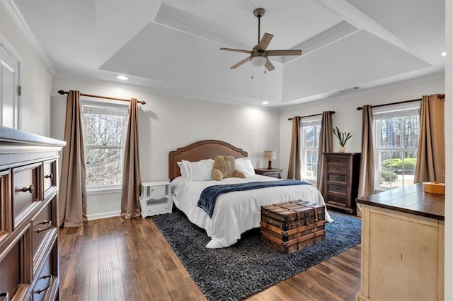 bedroom featuring dark wood-type flooring, ornamental molding, recessed lighting, baseboards, and ceiling fan