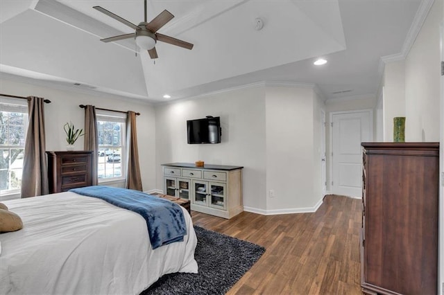 bedroom with recessed lighting, baseboards, dark wood-style flooring, and crown molding