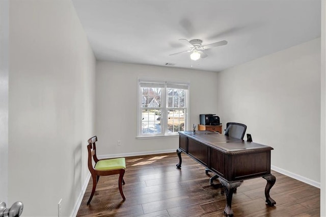 office area with visible vents, baseboards, ceiling fan, and dark wood finished floors