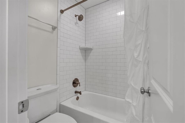 bathroom featuring toilet and shower / bathtub combination with curtain