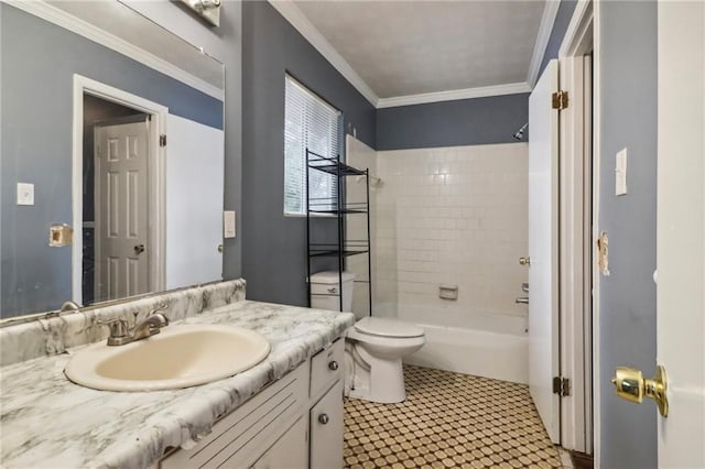 full bathroom featuring vanity, tile patterned flooring, ornamental molding, toilet, and tiled shower / bath