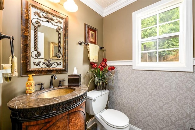 7282 Litany Ct, Flowery Branch, GA 30542 - half bathroom featuring toilet, vanity, and ornamental molding