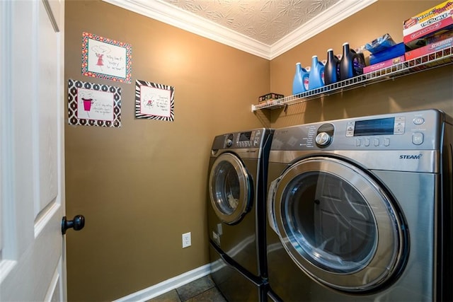 7282 Litany Ct, Flowery Branch, GA 30542 - laundry area featuring separate washer and dryer, baseboards, crown molding, and an ornate ceiling