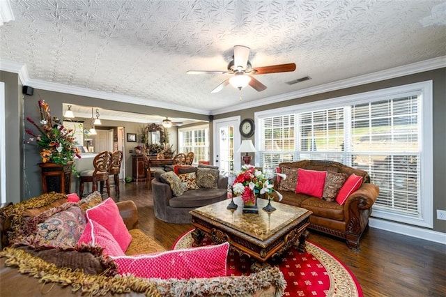 7282 Litany Ct, Flowery Branch, GA 30542 - living room featuring a ceiling fan, wood finished floors, ornamental molding, and baseboards