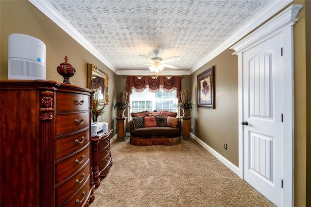 7282 Litany Ct, Flowery Branch, GA 30542 - living area with carpet flooring, ornamental molding, ceiling fan, an ornate ceiling, and baseboards