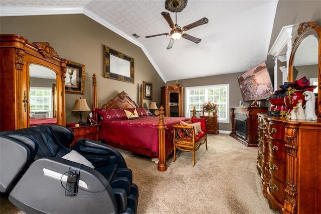7282 Litany Ct, Flowery Branch, GA 30542 - carpeted bedroom featuring multiple windows, lofted ceiling, a fireplace, crown molding, and a ceiling fan