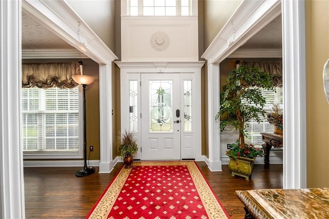 7282 Litany Ct, Flowery Branch, GA 30542 - foyer with dark wood-style flooring, crown molding, baseboards, and a towering ceiling