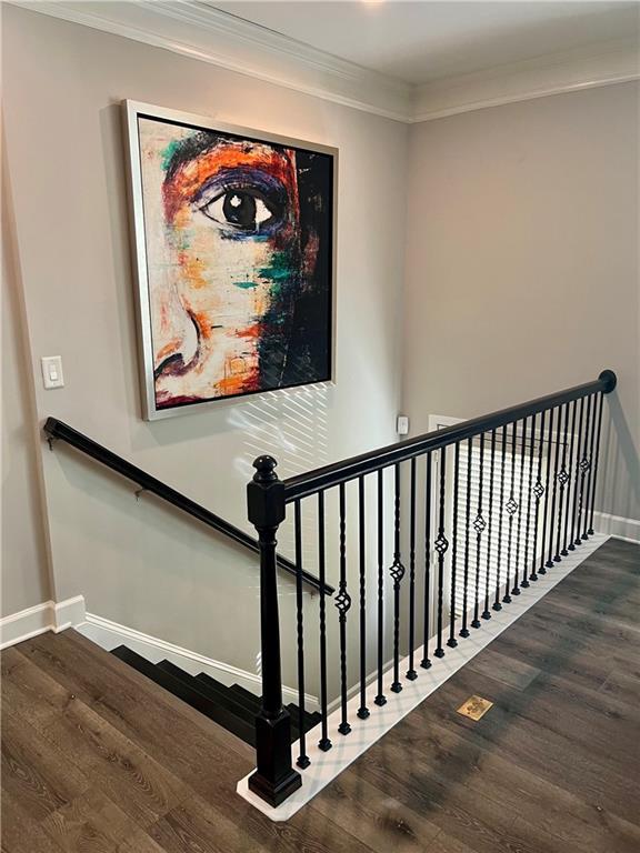 staircase featuring hardwood / wood-style floors and crown molding