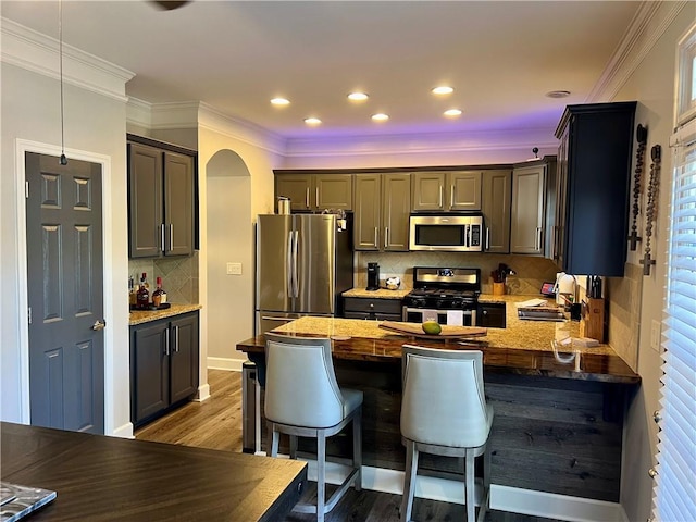 kitchen with tasteful backsplash, hardwood / wood-style floors, dark stone counters, decorative light fixtures, and appliances with stainless steel finishes