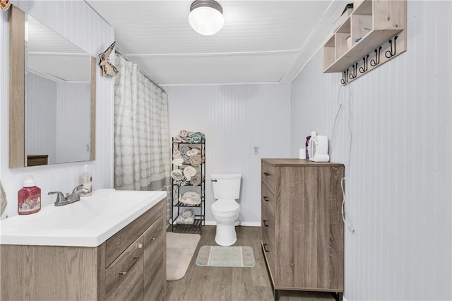 bathroom with vanity, toilet, and wood finished floors