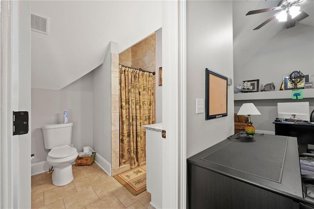 full bath with visible vents, toilet, ceiling fan, a shower stall, and tile patterned flooring