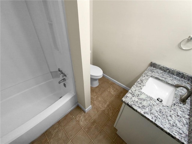 full bathroom with toilet, vanity, shower / bath combination, and tile patterned floors