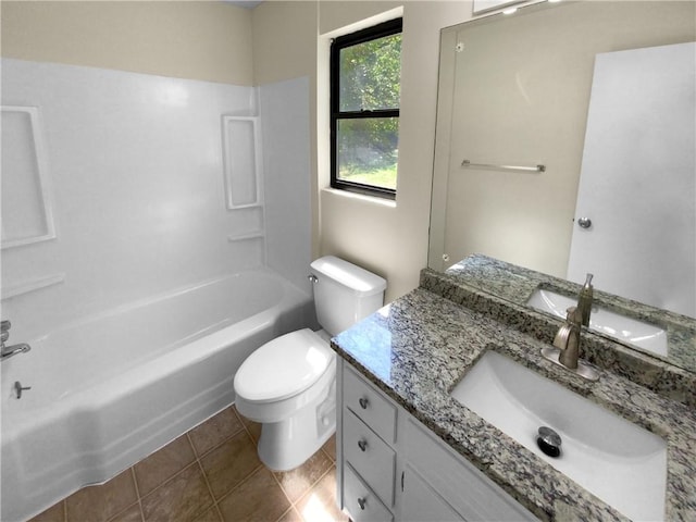 full bathroom with shower / bathtub combination, toilet, tile patterned floors, and vanity