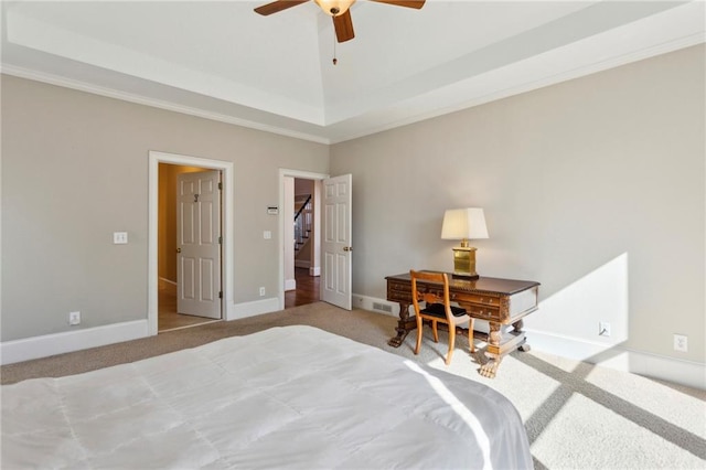 bedroom featuring ceiling fan, lofted ceiling, and light carpet